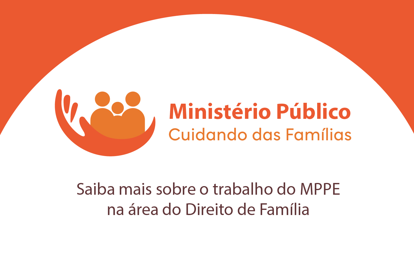 A arte possui um formato retangular horizontal. A parte superior da imagem apresenta um arco na cor laranja. O restante do fundo é branco. Centralizado logo abaixo do arco, há um símbolo composto por uma mão estilizada em formato de concha que 